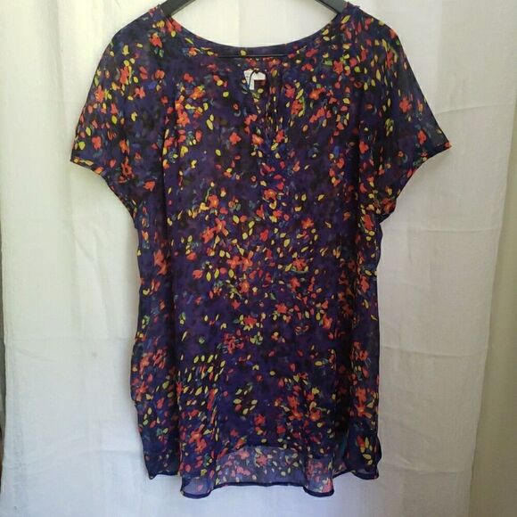 Liz Claiborne Floral Short Sleeve Tie V-Neck Sheer Blouse Top Women's Size 1X - Picture 1 of 10